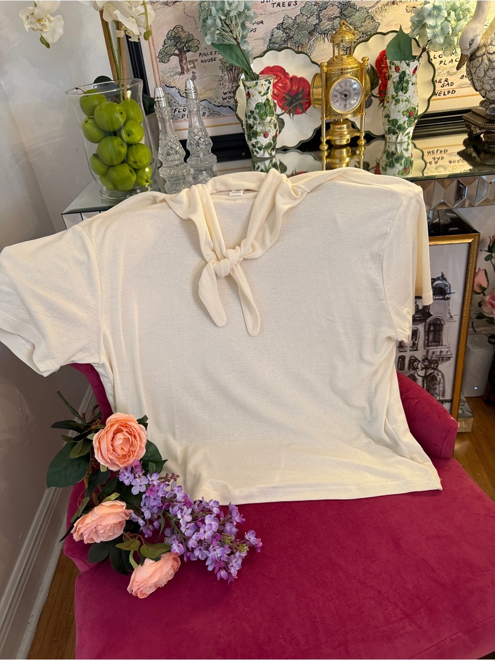H&M Cream Short-Sleeve Knot-Front Tee